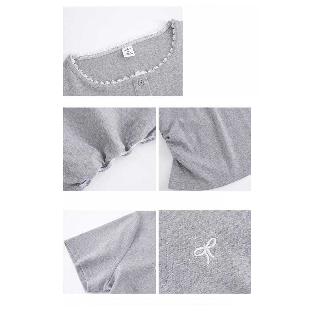 Gray Lace Trim Short Sleeve T-Shirt for Women Summer Ruched Waist Slimming Regular Shoulder Bow Embroidered Top