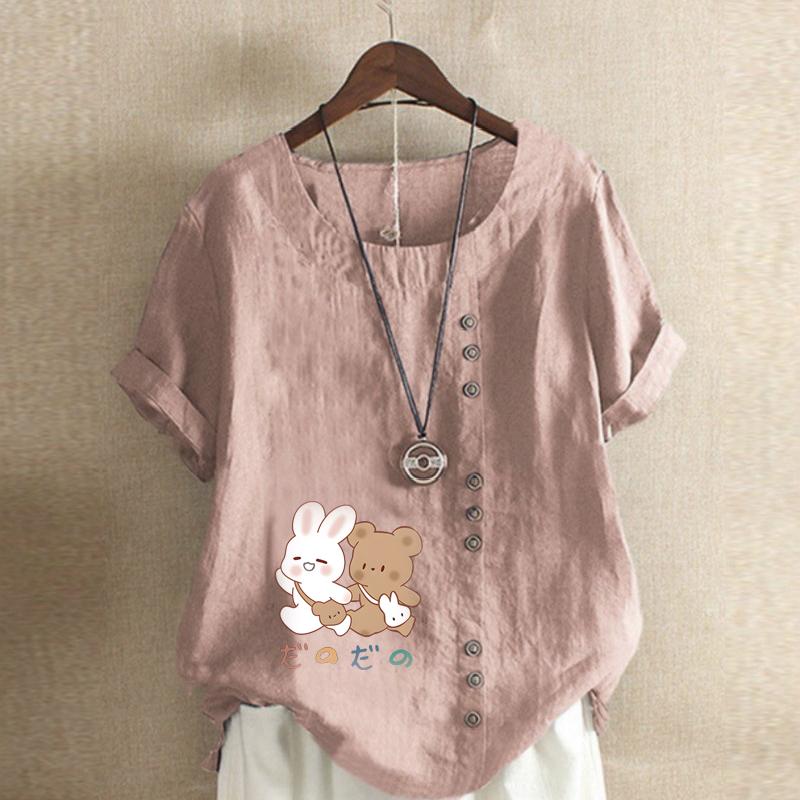 Women's New Fashion Linen Shirt Round Neck Short Sleeve Rabbit and Bear Printed T-shirt Summer Ladies Casual Plus Size Blouse Tops