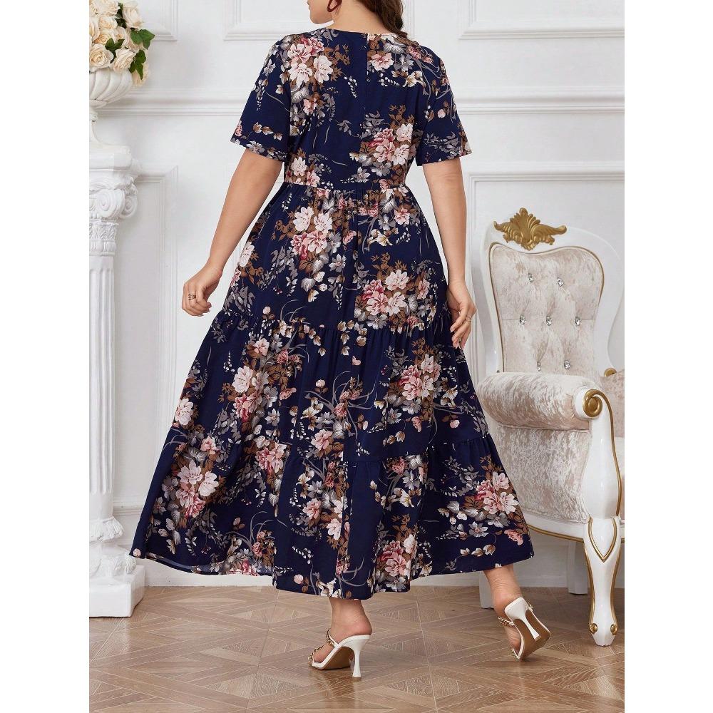 Mode Zomer Casual Jurk V-hals Korte Mouw Print Patchwork Trekkoord Grote Maten Casual Jurken voor Vrouwen