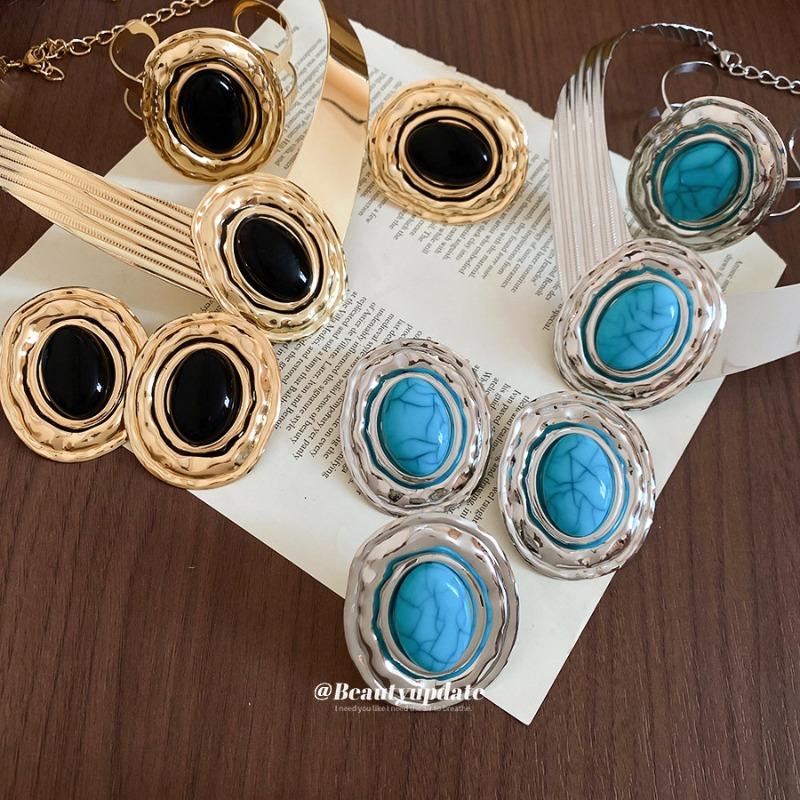 Acrylic Oval Ring Bracelet Stud Earrings Necklace Medieval Vintage Jewelry Set Light Luxury Niche Jewelry