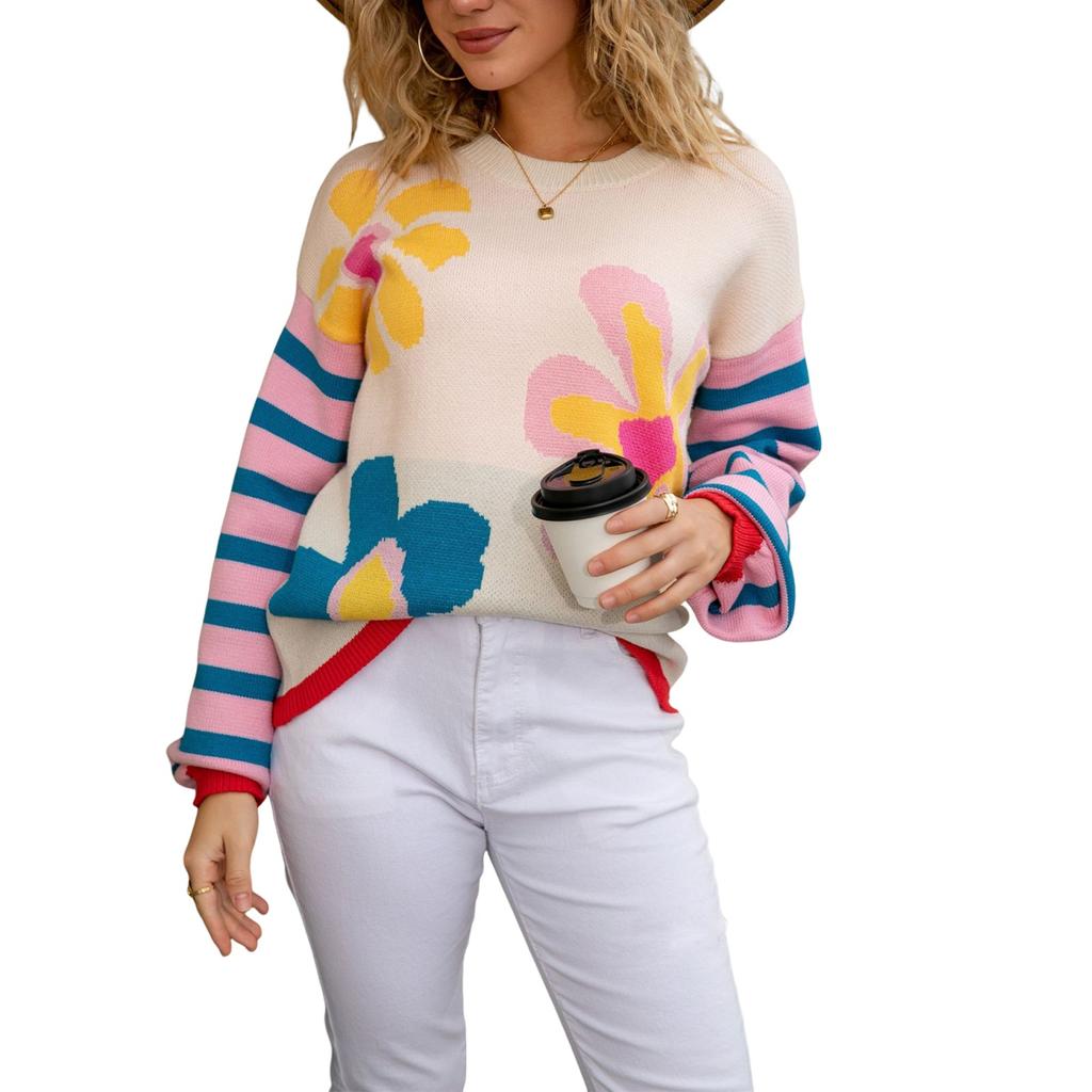 Damen Casual Mode Retro Rundhals Lockerer Pullover Langarm Pullover