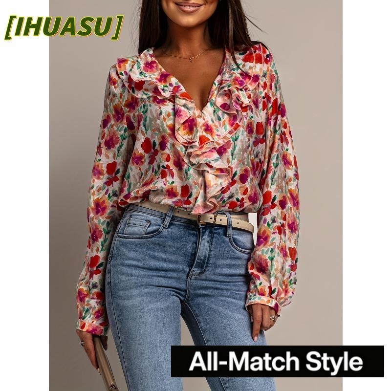 IHUASU Women's Fashion Casual V-Neck Long Sleeve Blouses & Shirts
