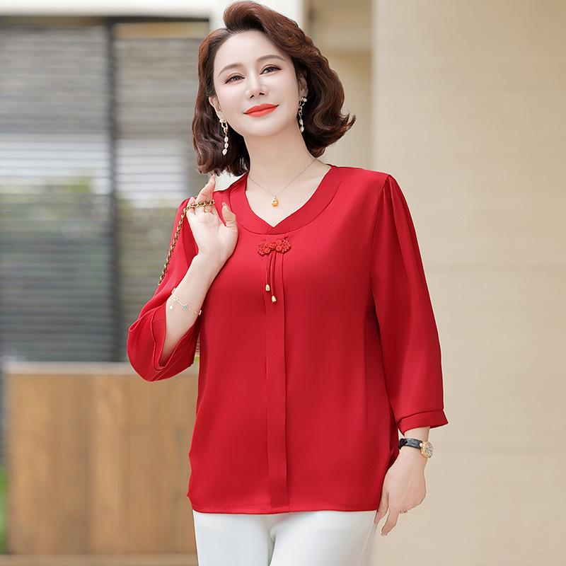 

Chiffon Blouse for Middle-aged Women - Stylish Chinese-inspired Summer Top for Ages 50 and Up 4XL (130-140 lbs) красный