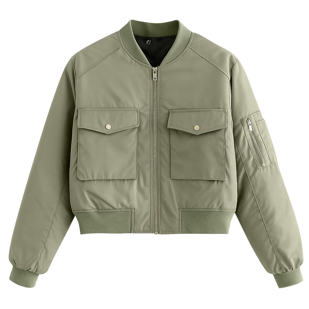 Ladies' Solid Color Fashionable Large Pocket Long Sleeved Zipper Casual Top  Jacket Jacket