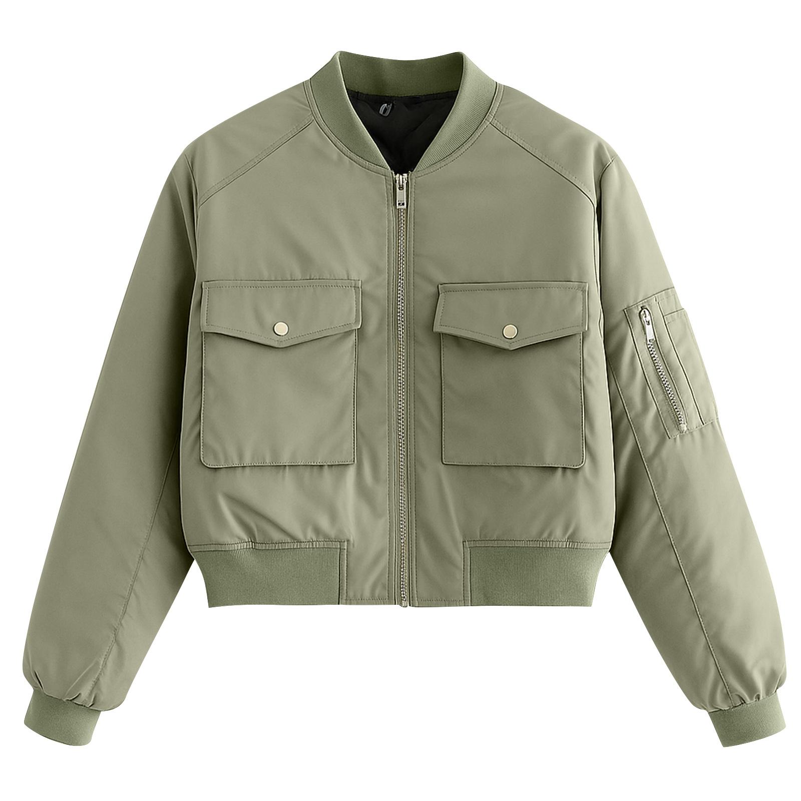 

Женская модная однотонная куртка с длинными рукавами на молнии и большим карманом, повседневный топ-куртка M зелёный