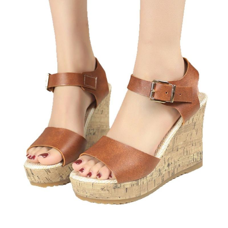 Summer new muffin thick-soled wedge heel women's shoes large size women's one-word buckle fish mouth cool women's shoes