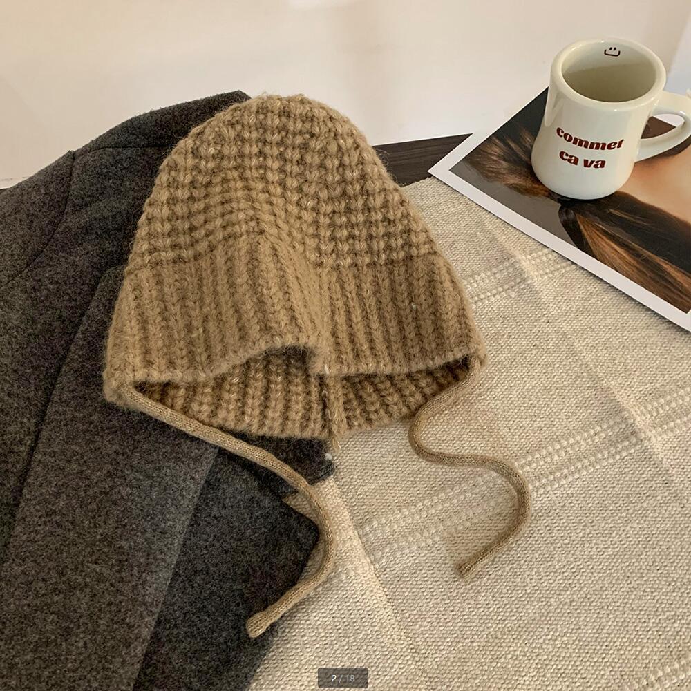 Big head circumference wool hat women's autumn and winter loose warm pile cold hat big face small knitted ear hat