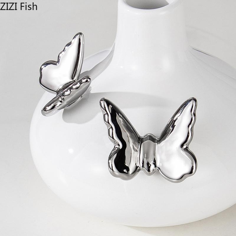 Silver Butterfly Decorative Ceramic Vase Flowers Pots Desk Decoration Flower Arrangement Floral Vases Room Aesthetic Decor