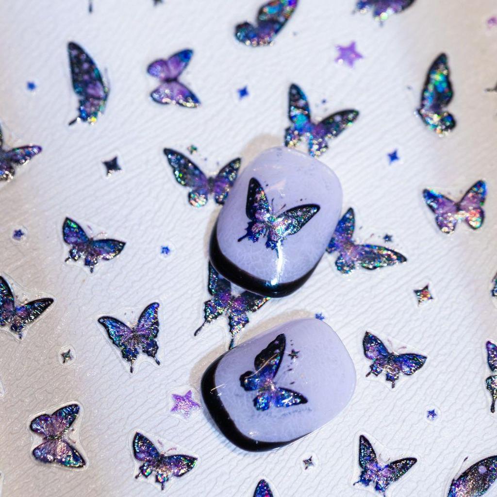 Dark Butterfly Aurora Laser Nail Stickers - Dark Purple Stars DIY Adhesive