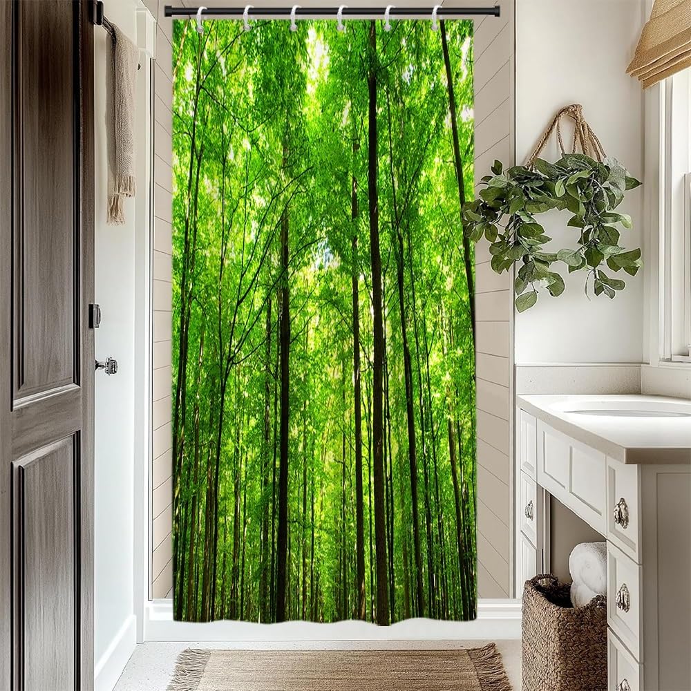 Misty Forest Shower Curtain Set Foggy Pine Trees Birds Nature Landscape Bathroom Decor Grey Rustic Woodland Shower Curtains for