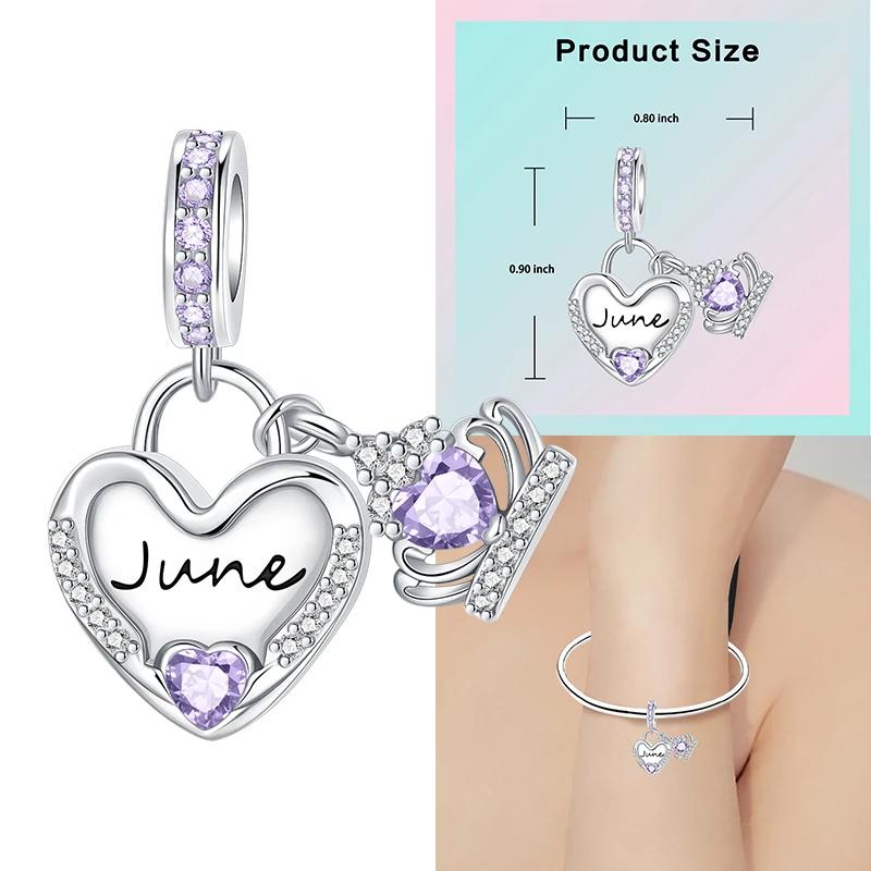 Copper 12 Months Birthstone Heart-Shaped Beads Charms Fit Original Bracelet Charm Beads Necklace Diy Female Jewelry