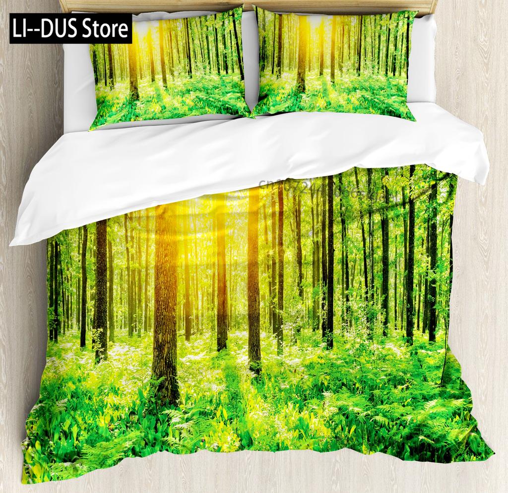 Forest Duvet Cover Set Misty Autumn Decor 3 Piece Bedding Set With 2 Pillow Shams Queen King Full Size For Kids Teens Adults