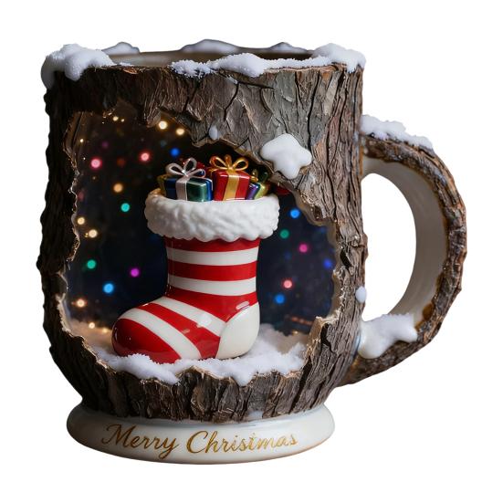 Festive Christmas Mug 3D Tree Bark Texture Themed Santa Reindeer Coffee Cup Resin Holiday Decor Novelty Gifts
