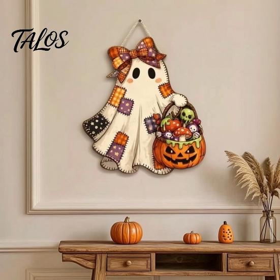 Indoor Entrance Hanger Halloween Cute Bow Ghost Door Sign, Wooden Patchwork Hanging Plaque with Pumpkin Candy Basket, Outdoor Porch Decor Retro