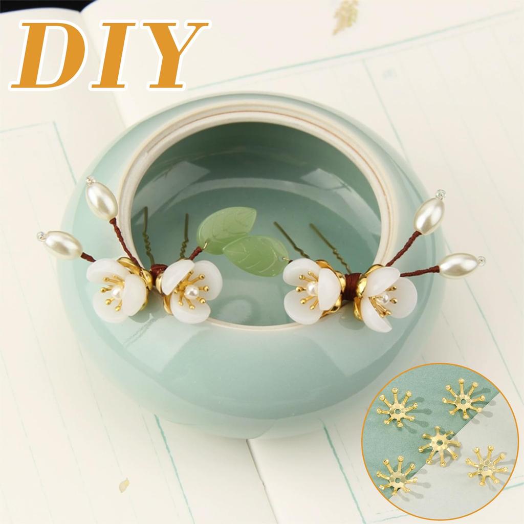 LEISURE CLUB Set of Outer Diameter Copper Flower Buds and Washers for Tsumami Zaiku Jewelry Metal Craft and DIY 100-Piece 9.5mm Pearl-Shaped Earrings,