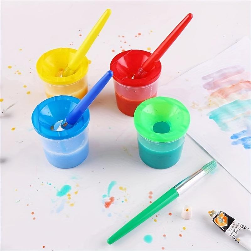 Spill-Proof Paint Cups with Lids and 4 Round Brushes, Multi-Color Plastic for DIY Painting Crafts