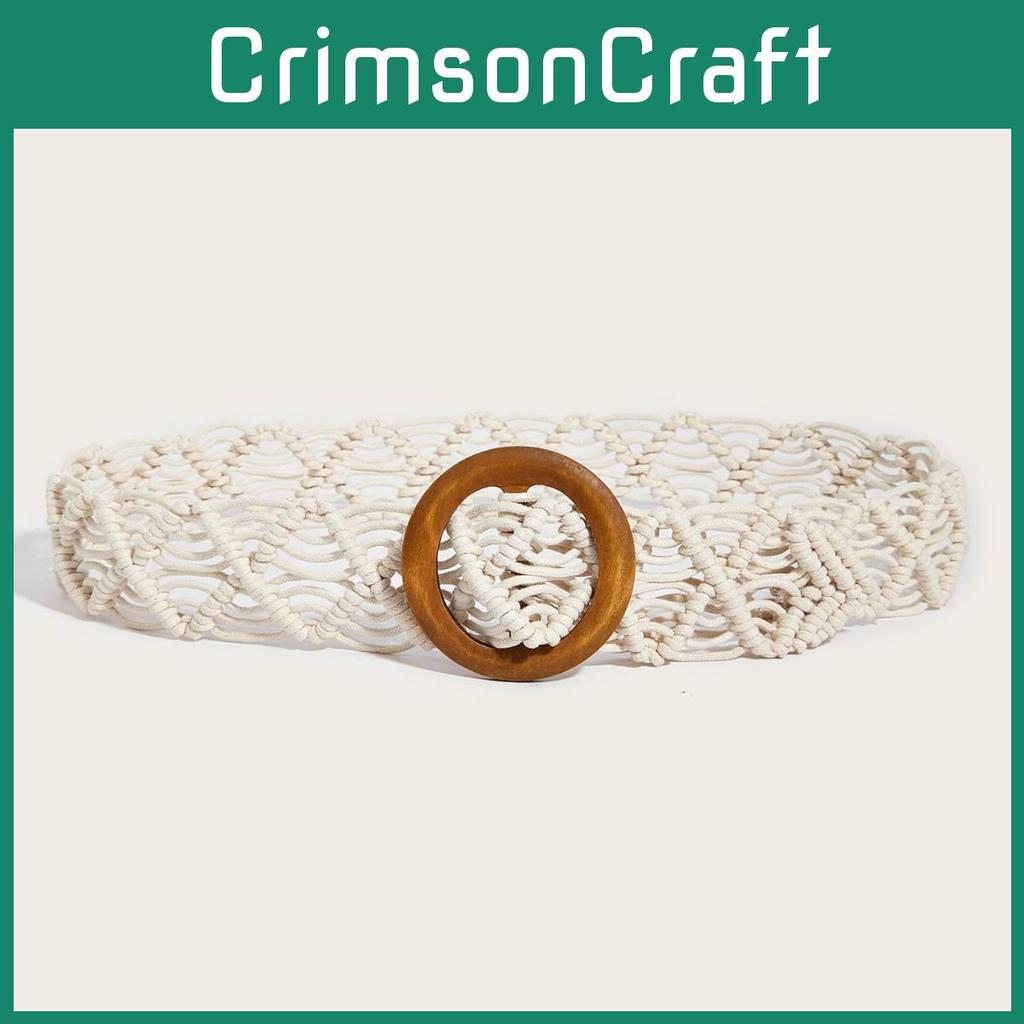 Cotton Linen Retro Belt Women Handmade Woven Waistband Round Wooden Dress Buckle