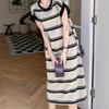 Summer Ice Silk Striped Knee-Length Short-Sleeve Dress Loose Tummy-Hiding Slimming T-Shirt Maxi Dress