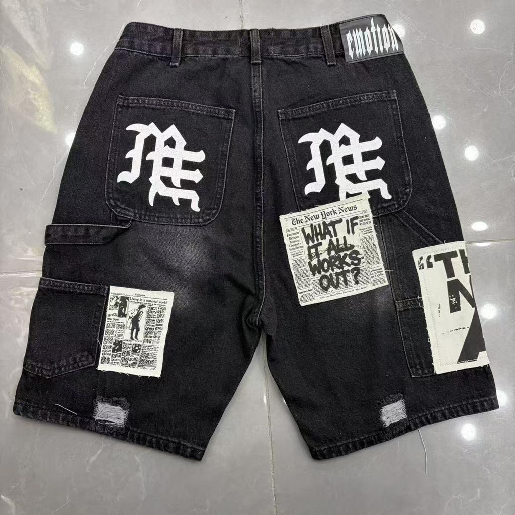 Cross-border trendy brand MIXED & EMOTION sticker printed casual denim shorts men's and women's high street old five-point pants