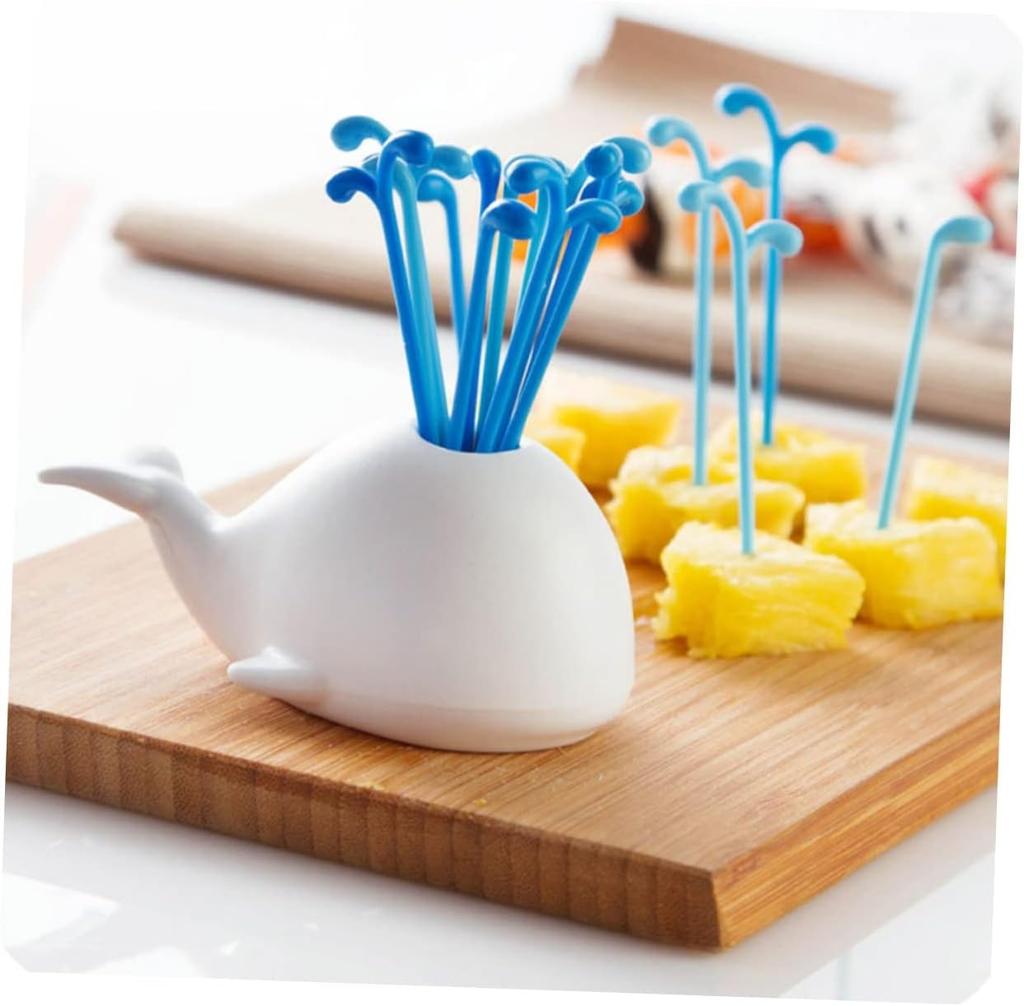 Liebliches Beluga Brunnen Obstgabel Set Kreativer Tier Wal Fruchtspieß, 16 Obstgabeln, 1 Wal Basis