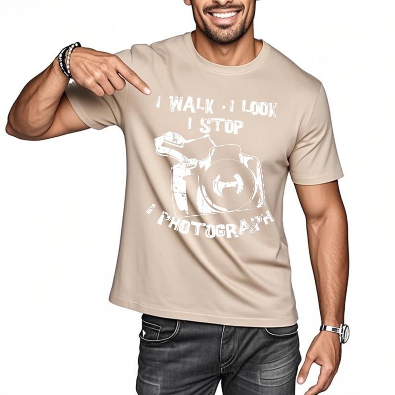 Men Cotton Tshirt Black Summer Boys tshirt I Walk I Look I Stop I Photograph Short Sleeve Relaxed Fit Crew Neck Tshirt