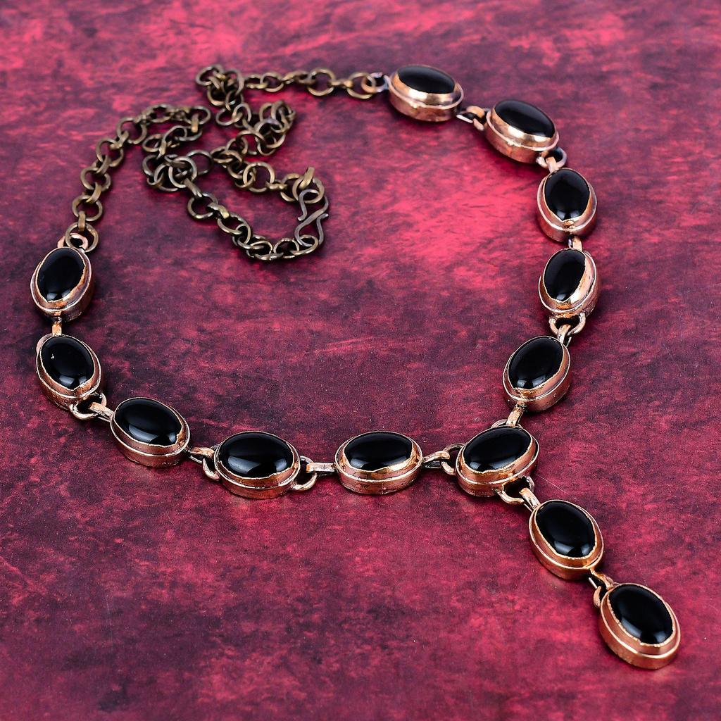 Black Onyx Real Gemstone Necklace Electroformed Copper Adjustable Chain Necklace