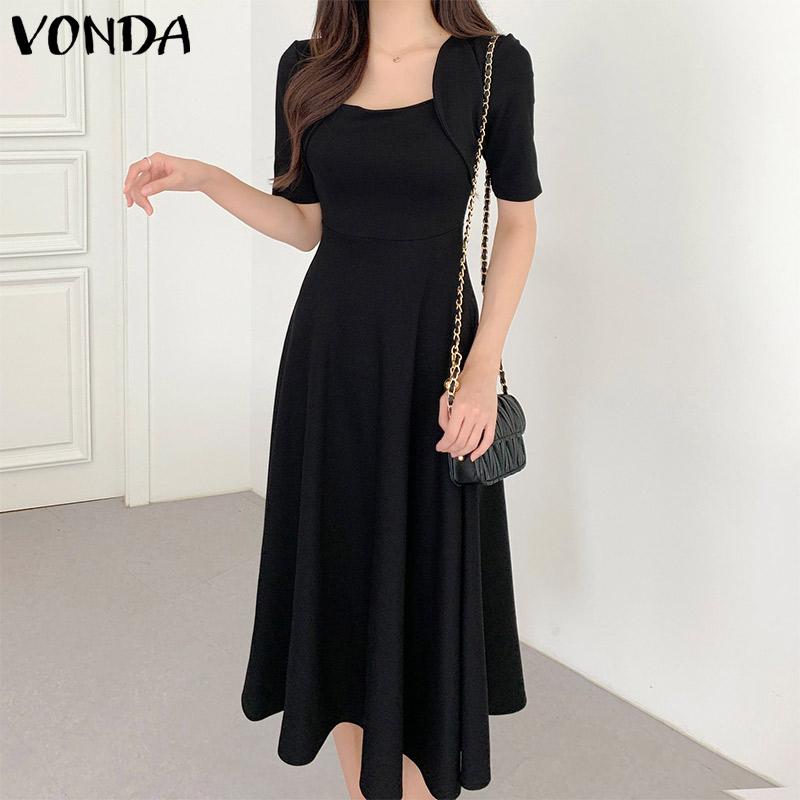 

VONDA Женское летнее свободное платье с квадратным вырезом и короткими рукавами, плиссированной талией, сплошное цветное платье