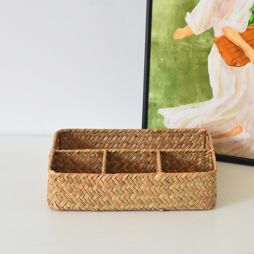 Rural Type Divided Straw Woven Basket Airy Storage Organized Ideal For Dry Food Home Ornament
