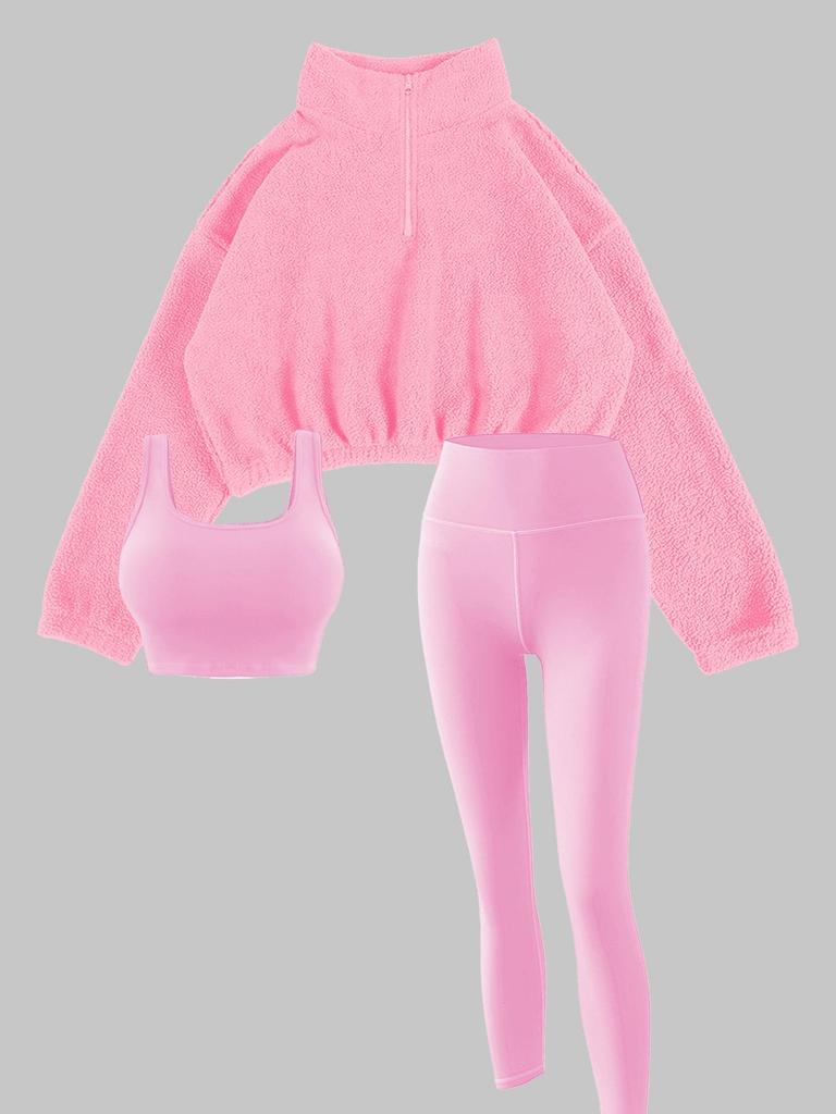 European & American Autumn/Winter Women's Fleece Three-Piece Set: High-Neck Half-Zip Sweatshirt, Vest, and Long Pants for Fitness.