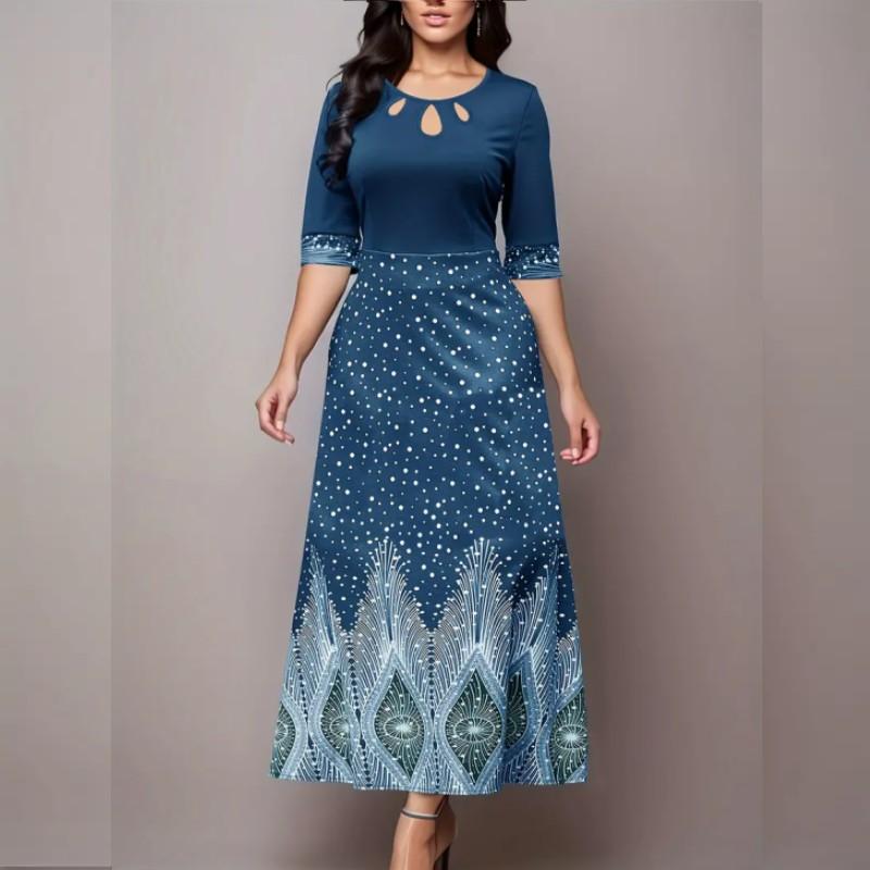 

Элегантное платье с вырезом с цветочным принтом, платье с круглым вырезом с короткими рукавами для вечеринок и банкетов, женская одежда XL синий