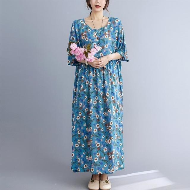 Summer New Literary Age Reduction Large Size Loose and Thin Printed Short-sleeved Long Dress with Pockets Over the Knee Skirt