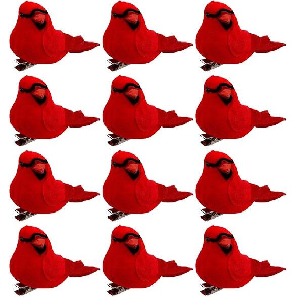 24 PCS Artificial Christmas Red Cardinal Birds Small Red Cardinal Bird with Clip on Christmas Tree Ornament Feathered Cardinals Birds Foam Red 12 Pcs