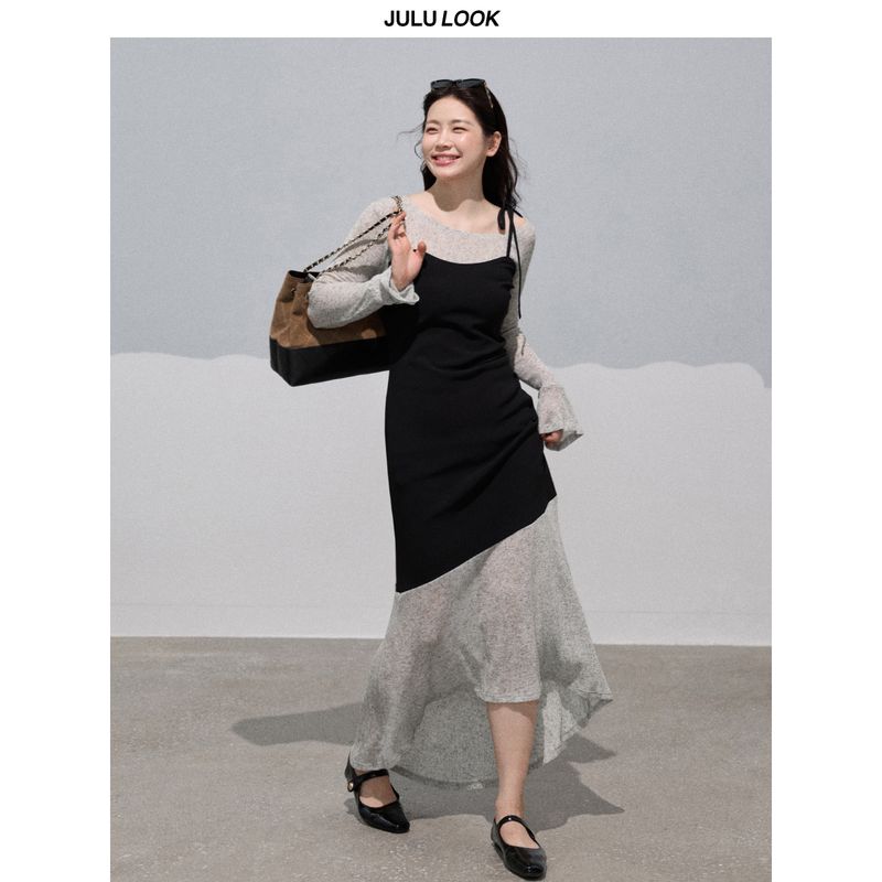 

Julu Studio Beauty Goddess Descends Plus Size Two-Piece Irregular Patchwork Bodycon Dress for Slightly Chubby Women Black M