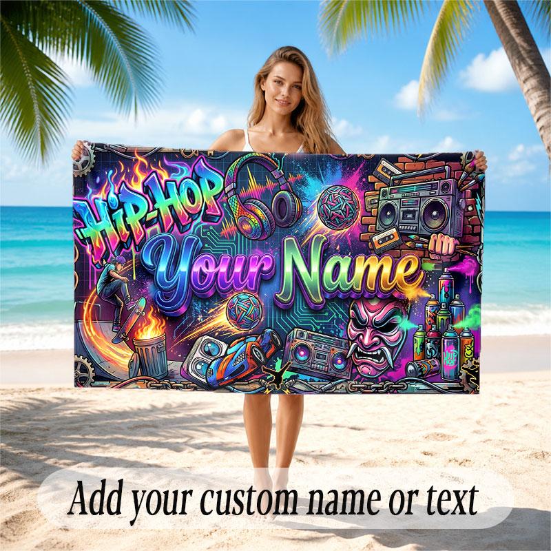 Music DJ Theme Beach Towel Personalized Custom Name & Text Soft Quick Dry Beach Towel for Swimming Travel