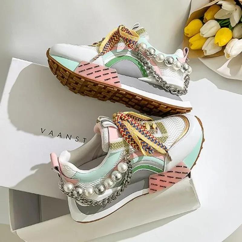 New Lace Up Iridescent Pearl Chain Decorative Women's Vulcanized Shoes Women's Platform Sneakers Zapatos De Mujer Women Shoes