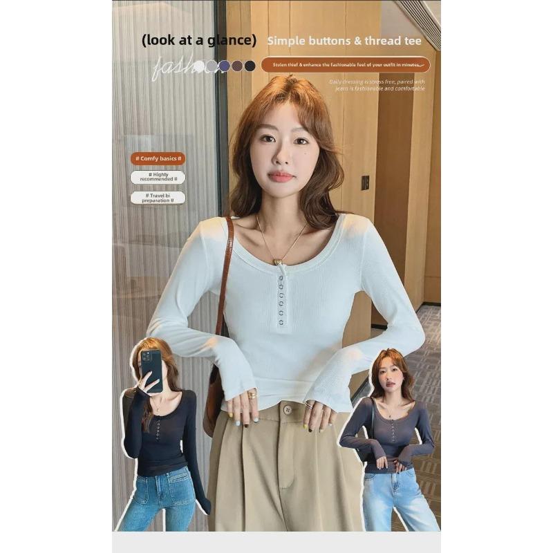 H262 Women's Early Autumn Slim Urban Buttoned Long-Sleeve Round-Neck T-Shirt