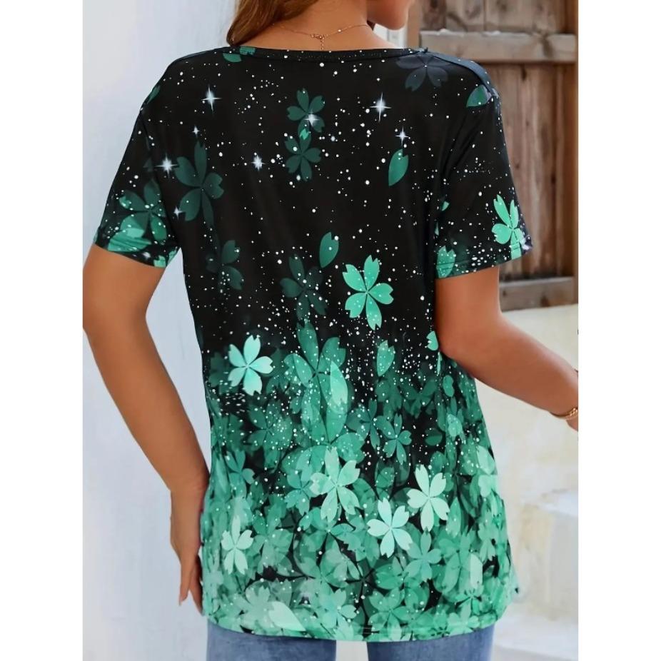 Summer V-neck 3D Petal Printed Top Fashionable Casual Short Sleeved Women's T-shirts