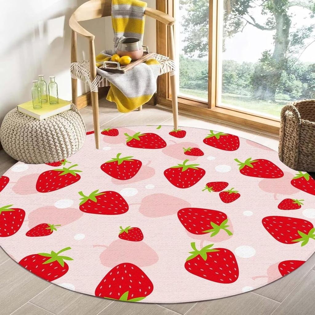 Round Strawberry Rug Kwaii Pink Circle Rugs for Bedroom Dorm Living Room Cute Area Rug Floor Mat Pad Doormat Carpet,