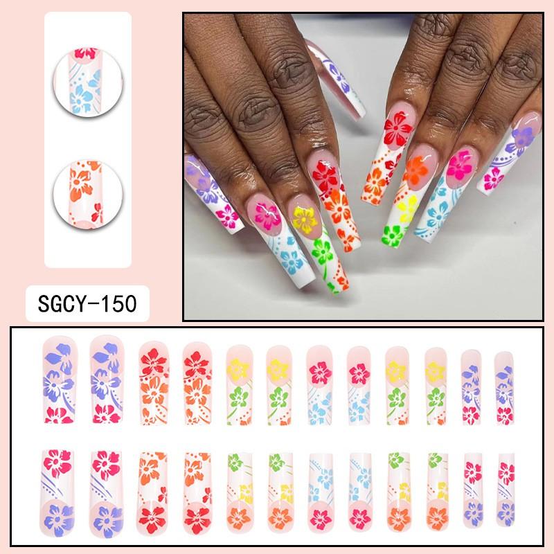 Long Press-On Nails With Adhesive Tabs Full Cover Fake Women INS Style Acrylic Nail Tips Reusable Wearable Art