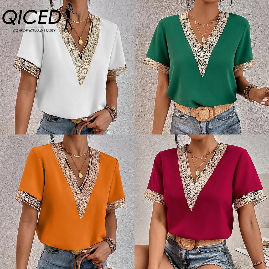 QICED Lace Lace Short-sleeved Chiffon Top for Women