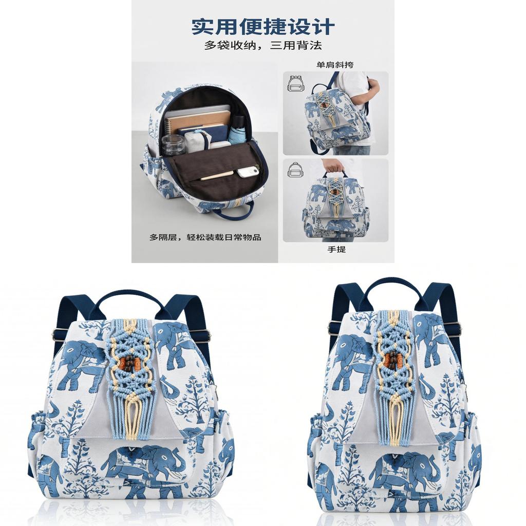 Ethnic Style Blue Elephant Canvas Backpack With Expandable Capacity For Travel And School Use