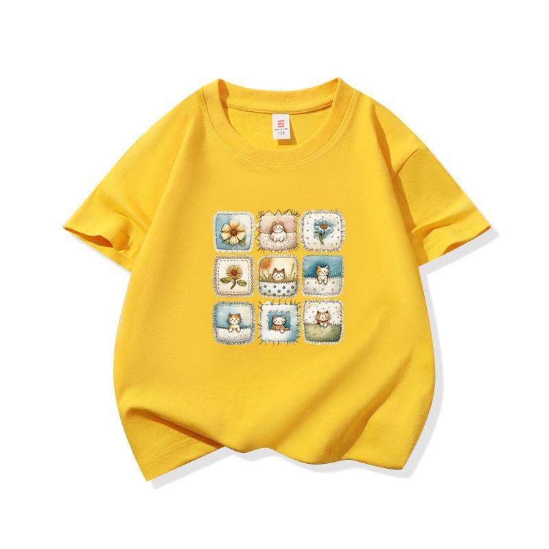 Kids Cotton T Shirt Patchwork Cat  Daisy Print Crew Neck Short Sleeve Tee Casual Breathable Boys Girls Summer Tops 100