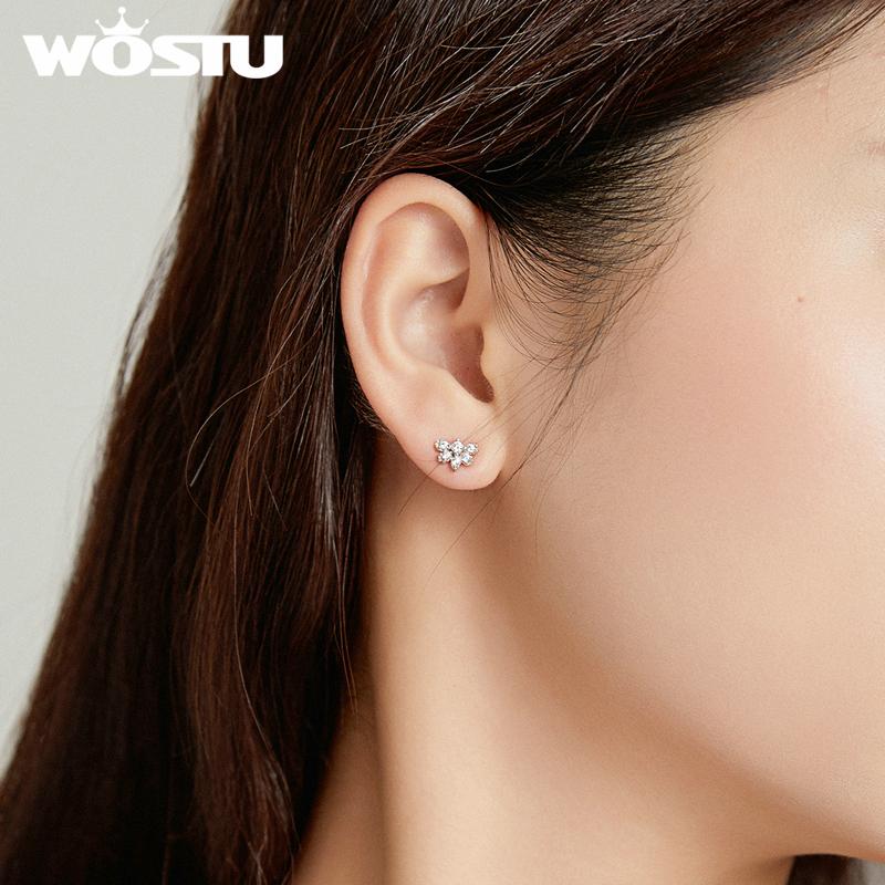 WOSTU Blossoming Flowers Earring 925 Sterling Silver Asymmetric Clear CZ Earring for Women Wedding Trendy Jewelry