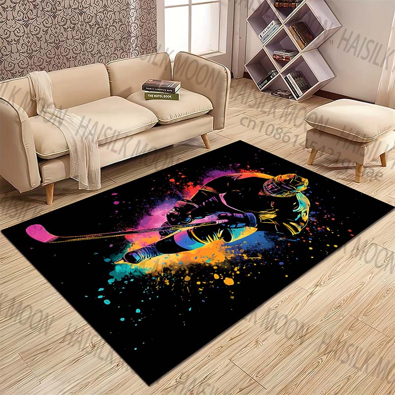 Bunte Illustration eines Hockeyspielers Teppich für Wohnzimmer Schlafzimmer Nachttisch Bodenmatte Garderobe Kinder Spielmatte Teppich
