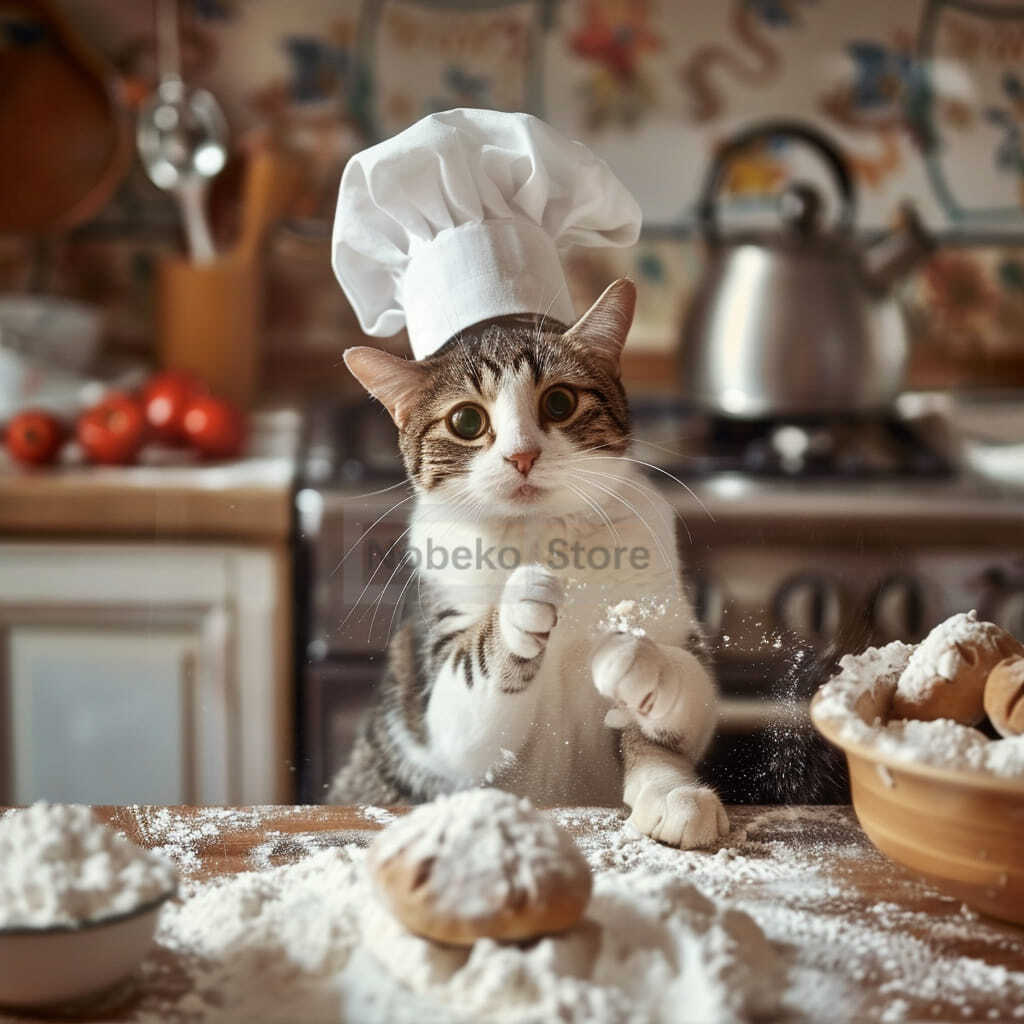 Lovely Cat Baker Making Dim Sum Poster Flour Cute Kitten Prints Canvas Wall Art Pictures Home Kitchen Room Modern Pet Decor