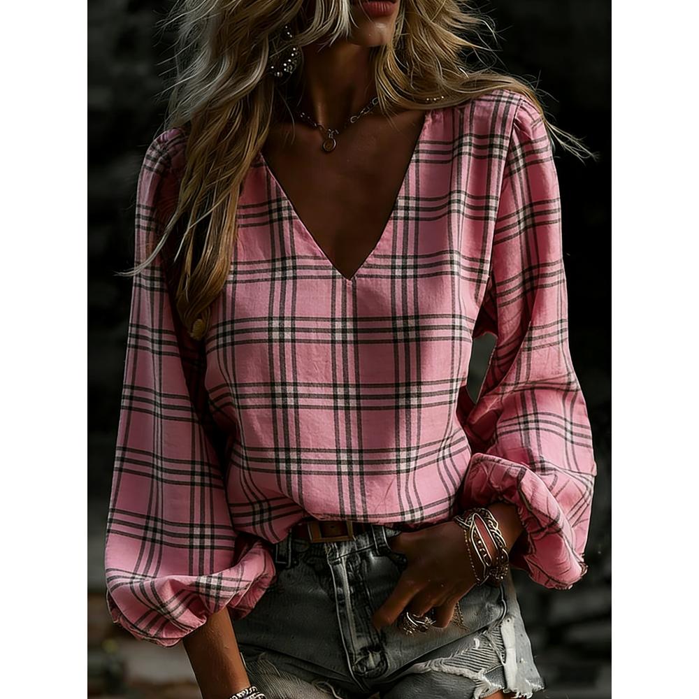 

V collection long-sleeved shirts feature stylish check patterns and retro lantern sleeves. The loose cut makes them perfect for dates. XXL рожевий