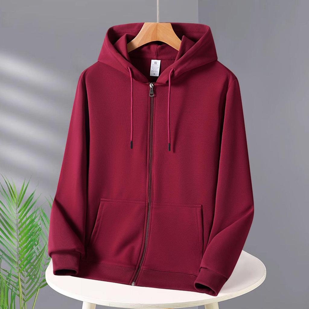 Unisex Heavyweight Cotton Zip-Up Hoodie Cardigan - Solid Color, Autumn/Winter Style.