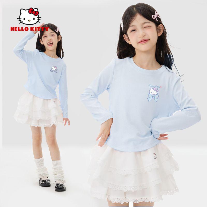 Hello Kitty Girls' Autumn Outfit Set, Stylish Children's Autumn Clothes, Long-Sleeved T-Shirt and Skirt for Older Girls, Trendy
