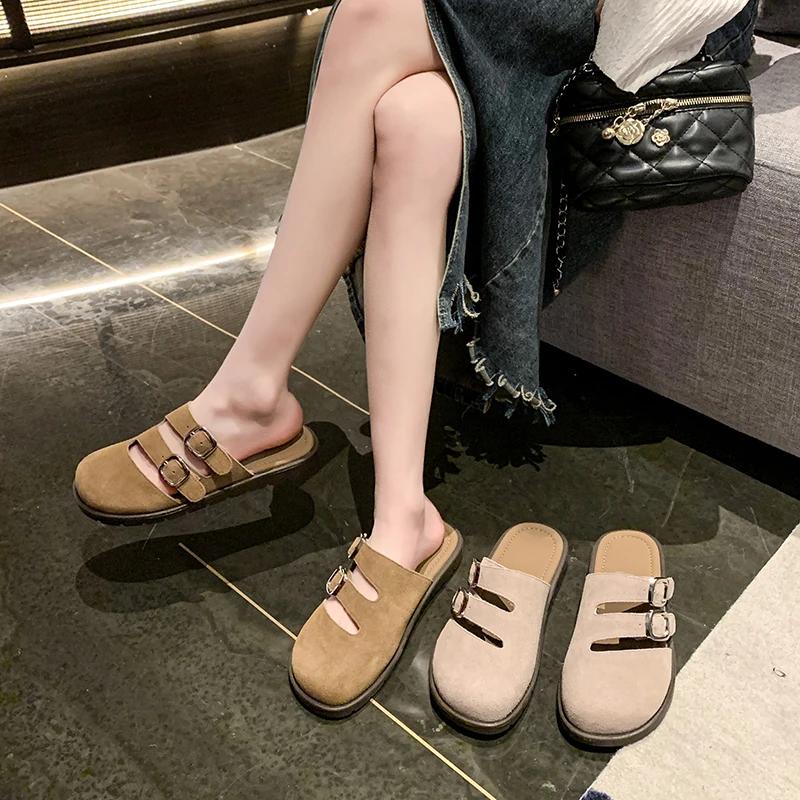 Fashion Women's Suede Mules 2024Spring and Autumn New Thick-soled Flat Shoes Boston Sandals Fashionable Slip-on Beach Women's Soft Shoes