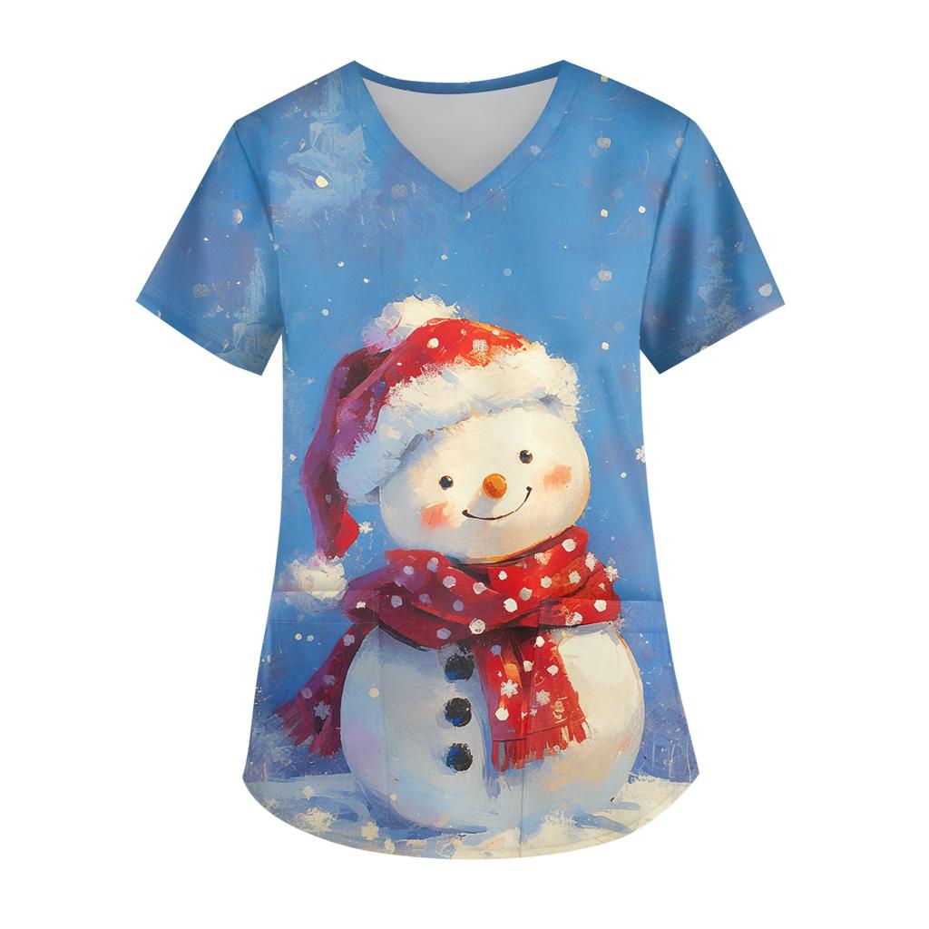 Ladies' Christmas Printed Fashionable V-neck Pocket Short Sleeved Uniform And Caregiver Top